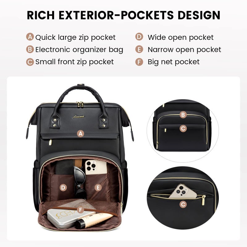LOVEVOOK Leather Laptop Backpack for Women 17 inch Travel Backpack Purse Nurse Teacher Backpack Computer Laptop Bag Professional College Business Work Bags Carry On Backpack with USB Port Black - Image 4